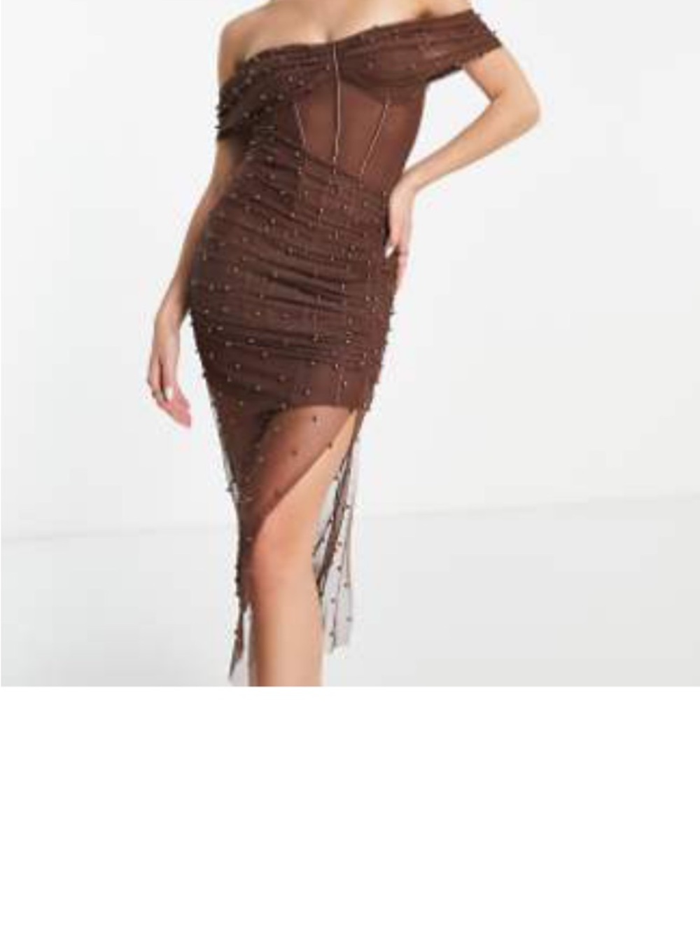 ASOS Brown Off-Shoulder Beaded Mesh Midi Dress